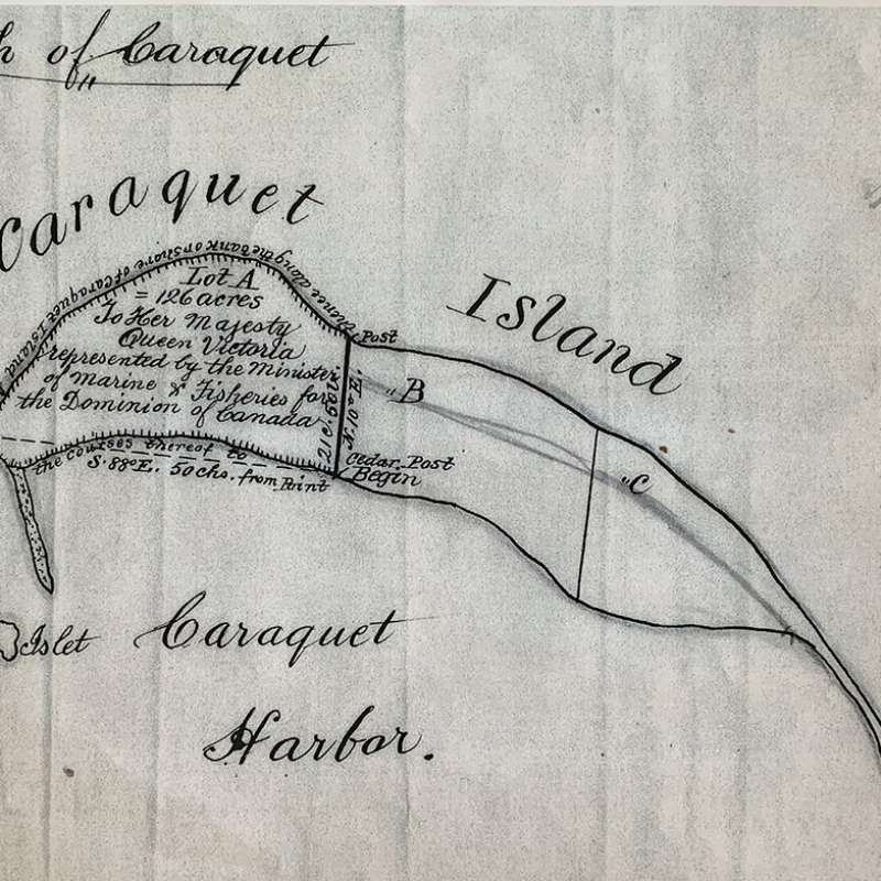 Carte historique de l’île de Caraquet, datant de 1875.  Collection Fidèle Thériault.